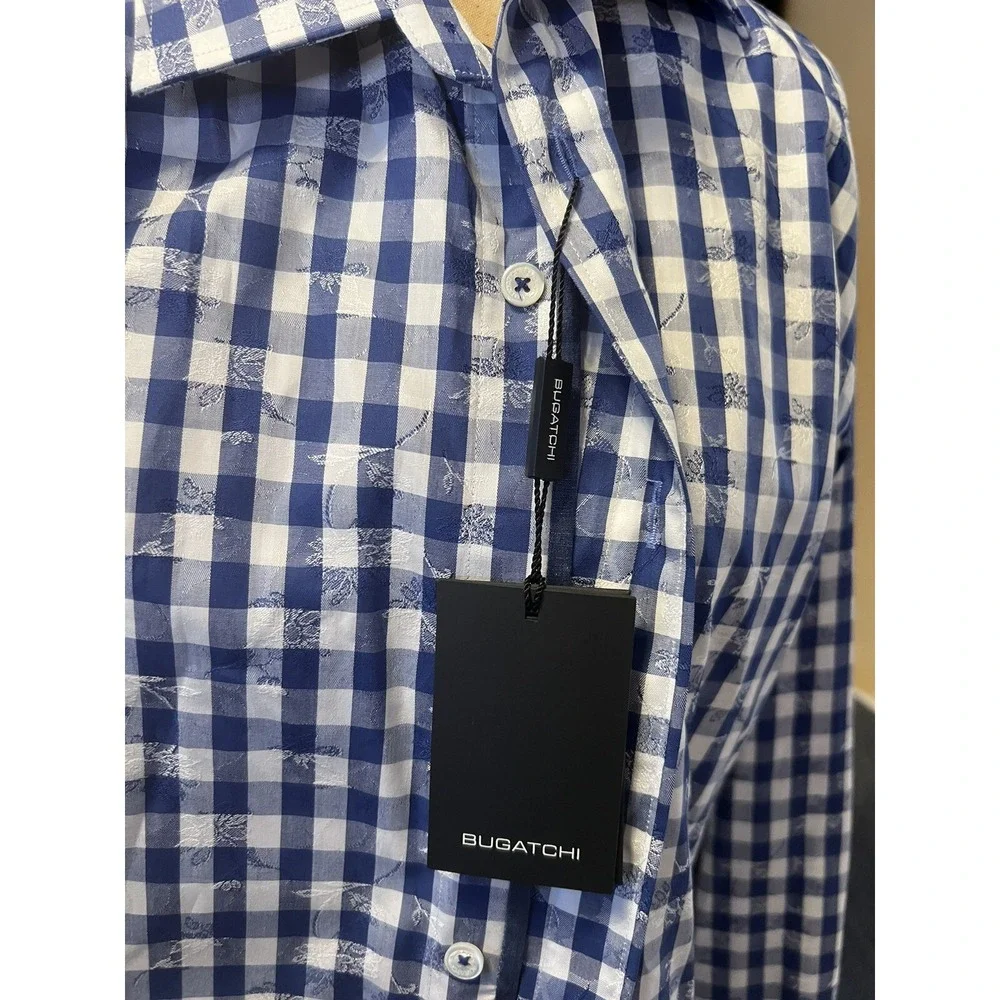 Bugatchi NeMens Medium Shaped Fit Blue / White‎ Plaid Long Sleeve Shirt Light